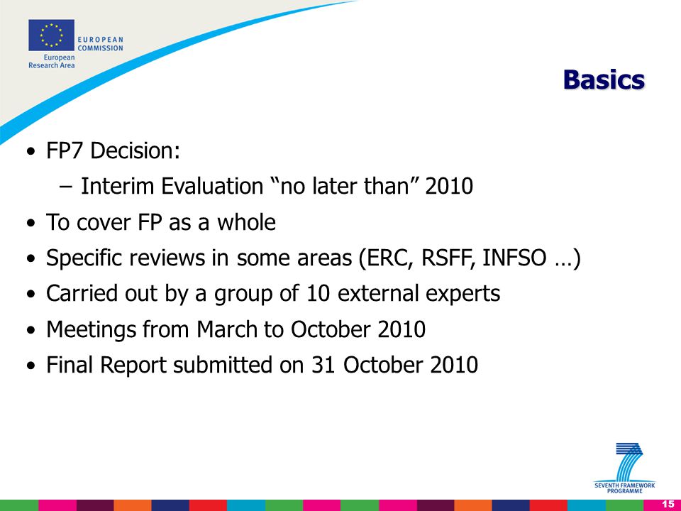 15 Basics FP7 Decision: –Interim Evaluation no later than 2010 To cover FP as a whole Specific reviews in some areas (ERC, RSFF, INFSO …) Carried out by a group of 10 external experts Meetings from March to October 2010 Final Report submitted on 31 October 2010