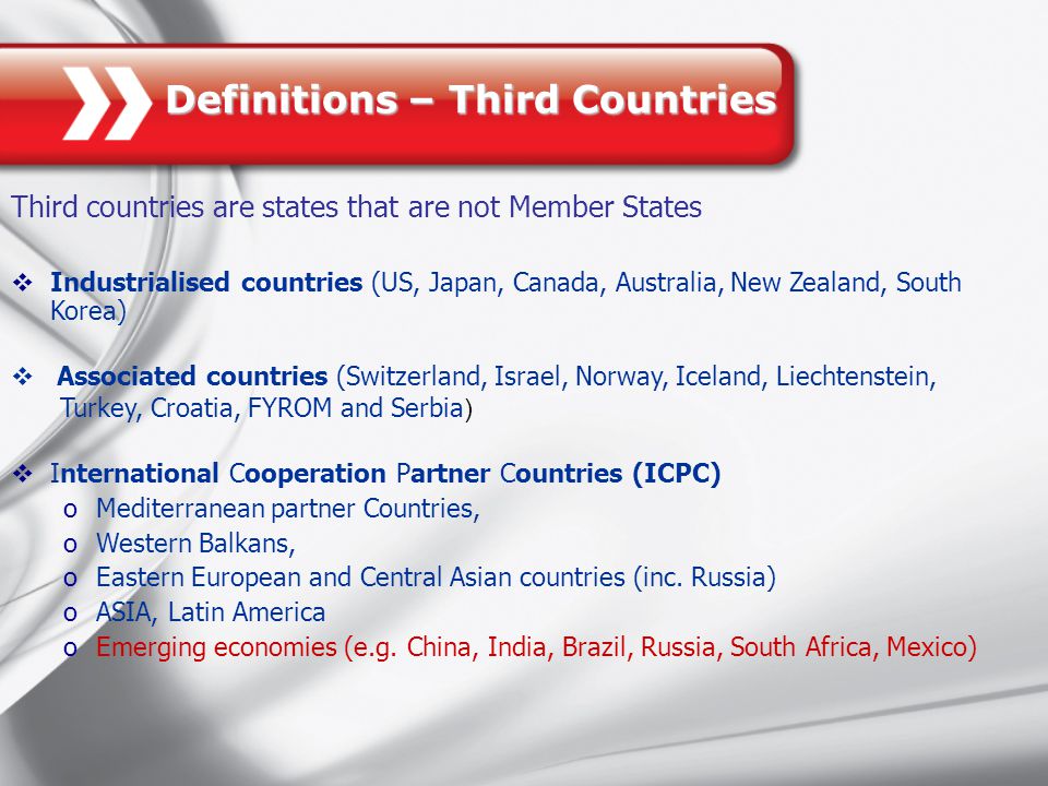 Definitions – Third Countries Third countries are states that are not Member States  Industrialised countries (US, Japan, Canada, Australia, New Zealand, South Korea)  Associated countries (Switzerland, Israel, Norway, Iceland, Liechtenstein, Turkey, Croatia, FYROM and Serbia )  International Cooperation Partner Countries (ICPC) oMediterranean partner Countries, oWestern Balkans, oEastern European and Central Asian countries (inc.