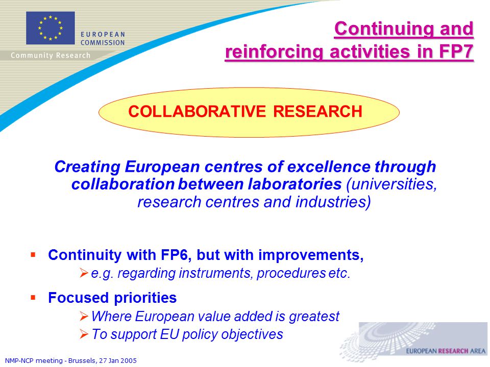 NMP-NCP meeting - Brussels, 27 Jan 2005 Continuing and reinforcing activities in FP7 COLLABORATIVE RESEARCH Creating European centres of excellence through collaboration between laboratories (universities, research centres and industries)  Continuity with FP6, but with improvements,  e.g.