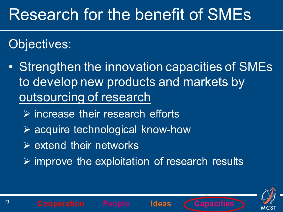 Cooperation People Ideas Capacities 13 Research for the benefit of SMEs Objectives: Strengthen the innovation capacities of SMEs to develop new products and markets by outsourcing of research  increase their research efforts  acquire technological know-how  extend their networks  improve the exploitation of research results