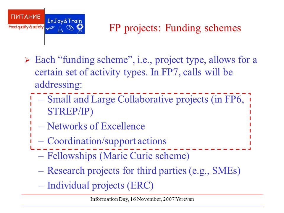 Information Day, 16 November, 2007 Yerevan FP projects: Funding schemes  Each funding scheme , i.e., project type, allows for a certain set of activity types.