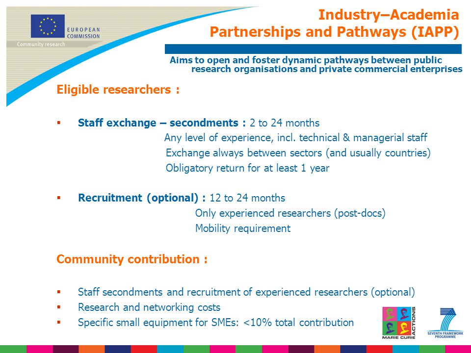 Industry–Academia Partnerships and Pathways (IAPP) Aims to open and foster dynamic pathways between public research organisations and private commercial enterprises Eligible researchers :  Staff exchange – secondments : 2 to 24 months Any level of experience, incl.