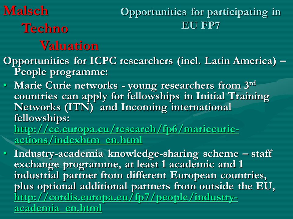 Opportunities for participating in EU FP7 Opportunities for ICPC researchers (incl.