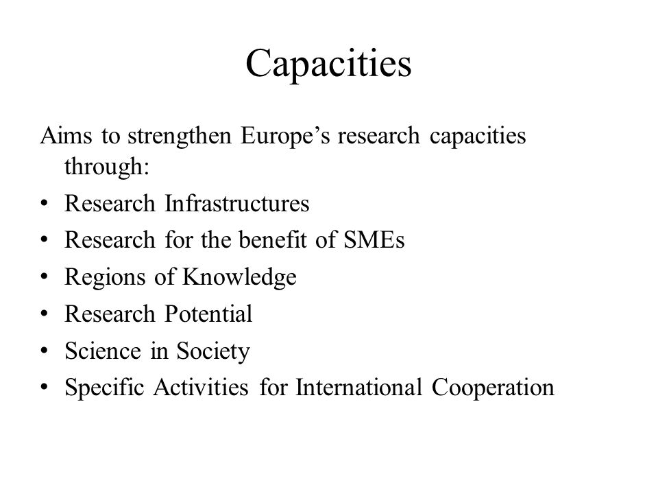 Capacities Aims to strengthen Europe’s research capacities through: Research Infrastructures Research for the benefit of SMEs Regions of Knowledge Research Potential Science in Society Specific Activities for International Cooperation