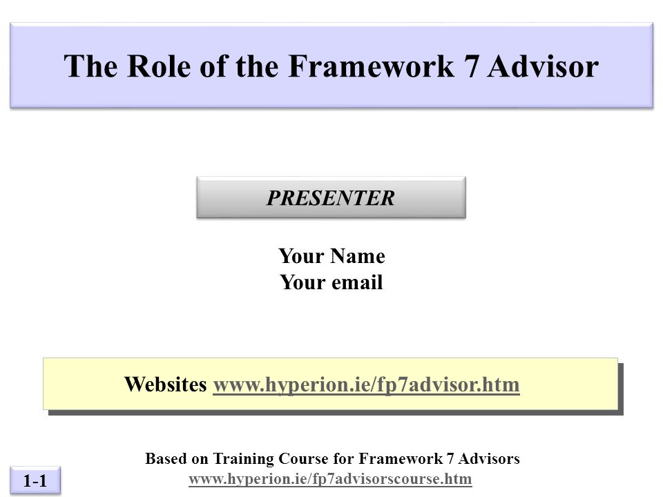 1-1 PRESENTER The Role of the Framework 7 Advisor Your Name Your  Websites   Websites   Based on Training Course for Framework 7 Advisors