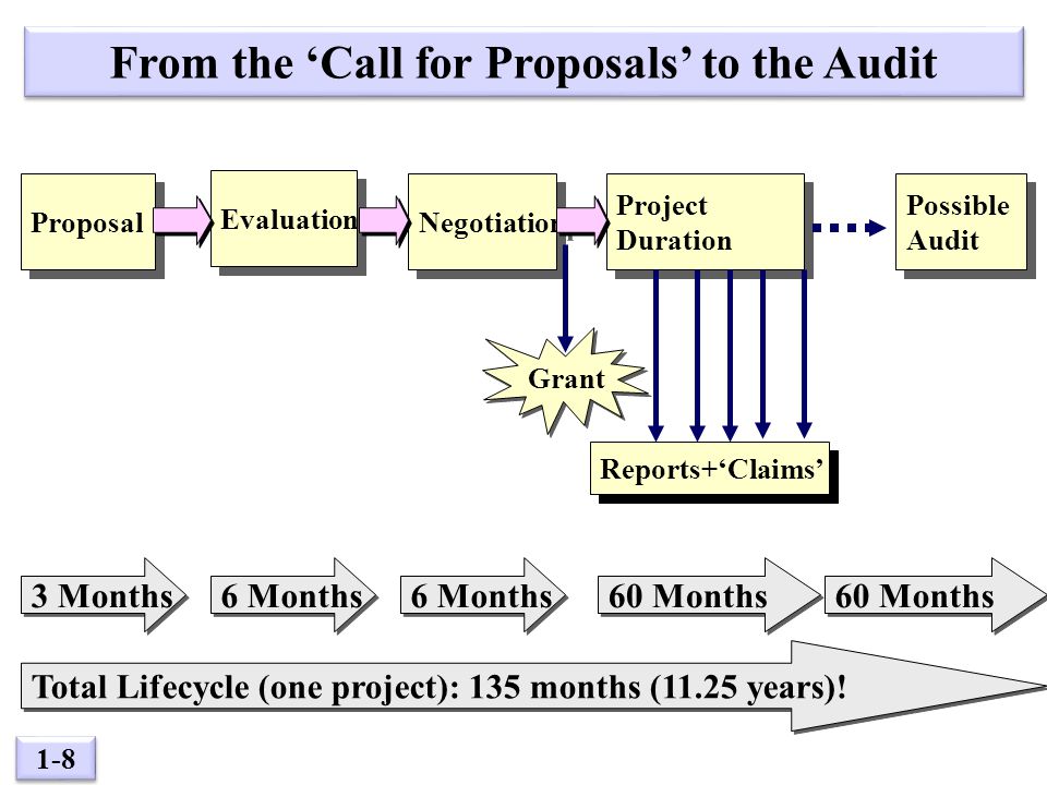 1-8 Reports+‘Claims’ Evaluation Possible Audit Possible Audit Negotiation Project Duration Project Duration Proposal Grant From the ‘Call for Proposals’ to the Audit 3 Months 6 Months 60 Months Total Lifecycle (one project): 135 months (11.25 years)!