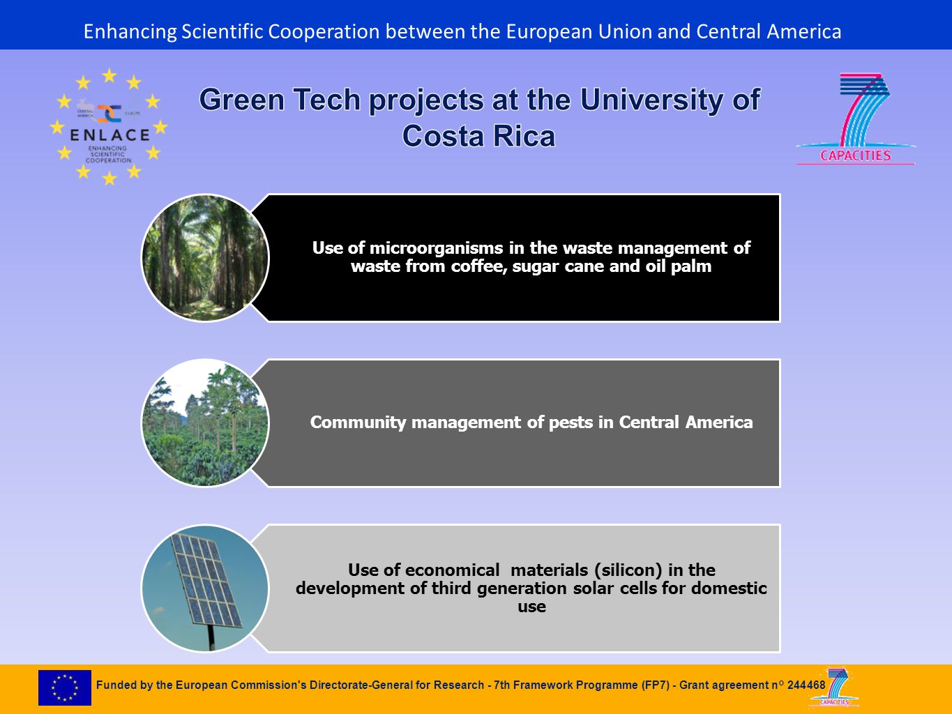 Use of microorganisms in the waste management of waste from coffee, sugar cane and oil palm Community management of pests in Central America Use of economical materials (silicon) in the development of third generation solar cells for domestic use Enhancing Scientific Cooperation between the European Union and Central America Funded by the European Commission s Directorate-General for Research - 7th Framework Programme (FP7) - Grant agreement n°