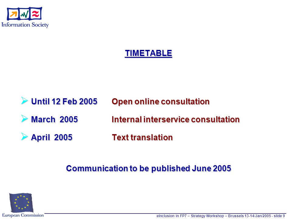 eInclusion in FP7 – Strategy Workshop – Brussels 13-14/Jan/ slide 9 TIMETABLE  Until 12 Feb 2005Open online consultation  March 2005 Internal interservice consultation  April 2005Text translation Communication to be published June 2005