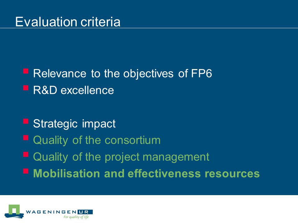 Evaluation criteria  Relevance to the objectives of FP6  R&D excellence  Strategic impact  Quality of the consortium  Quality of the project management  Mobilisation and effectiveness resources