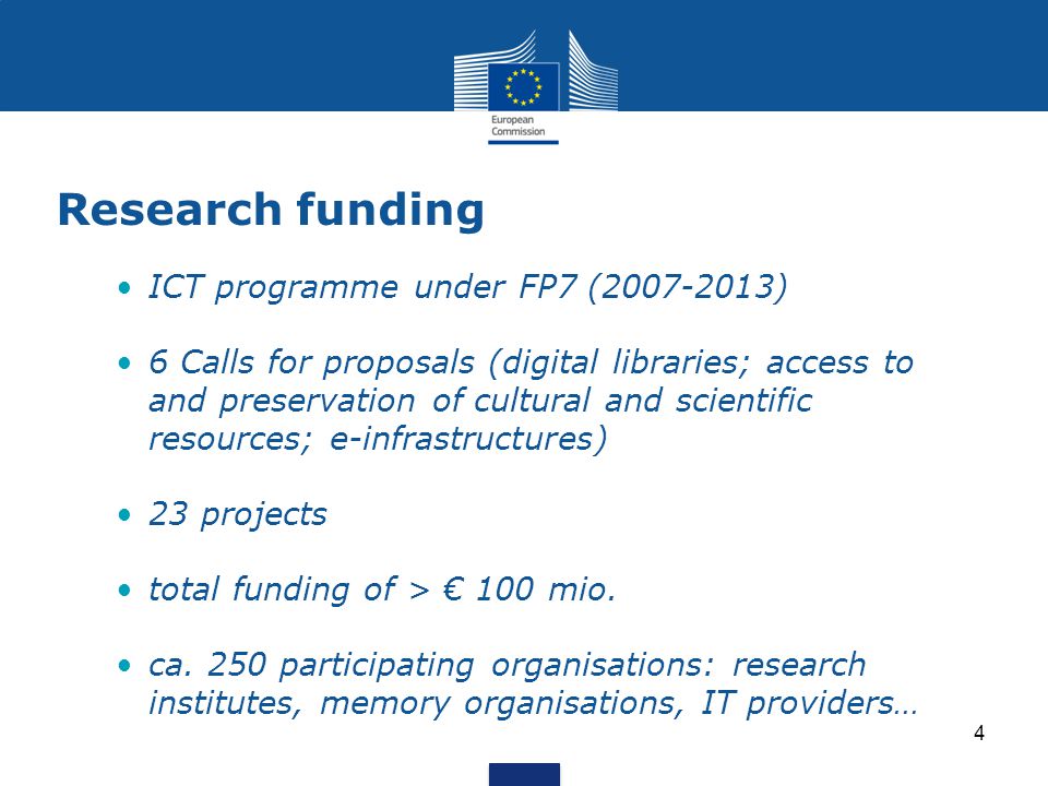 Research funding ICT programme under FP7 ( ) 6 Calls for proposals (digital libraries; access to and preservation of cultural and scientific resources; e-infrastructures) 23 projects total funding of > € 100 mio.