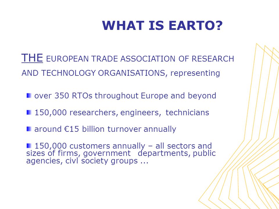 THE EUROPEAN TRADE ASSOCIATION OF RESEARCH AND TECHNOLOGY ORGANISATIONS, representing WHAT IS EARTO.