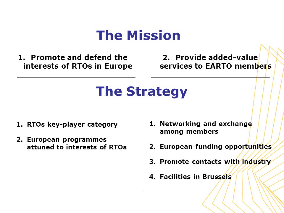 1.RTOs key-player category 2.European programmes attuned to interests of RTOs 1.Networking and exchange among members 2.European funding opportunities 3.Promote contacts with industry 4.Facilities in Brussels 1.