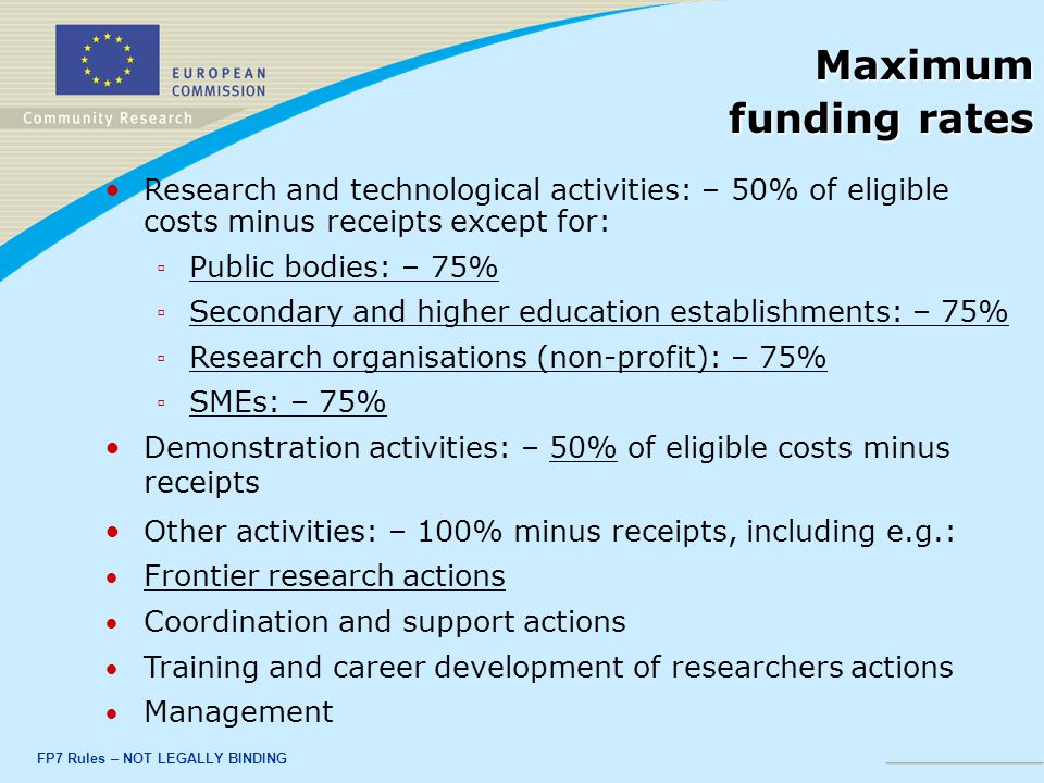 FP7 Rules – NOT LEGALLY BINDING Research and technological activities: – 50% of eligible costs minus receipts except for: ▫ Public bodies: – 75% ▫ Secondary and higher education establishments: – 75% ▫ Research organisations (non-profit): – 75% ▫ SMEs: – 75% Demonstration activities: – 50% of eligible costs minus receipts Other activities: – 100% minus receipts, including e.g.: Frontier research actions Coordination and support actions Training and career development of researchers actions Management Maximum funding rates