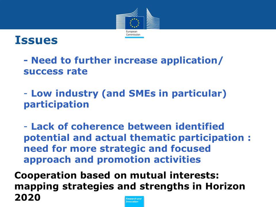 Policy Research and Innovation Research and Innovation Issues - Need to further increase application/ success rate - Low industry (and SMEs in particular) participation - Lack of coherence between identified potential and actual thematic participation : need for more strategic and focused approach and promotion activities Cooperation based on mutual interests: mapping strategies and strengths in Horizon 2020