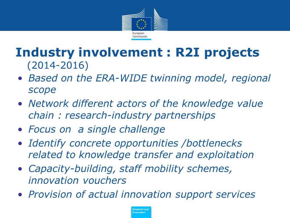Policy Research and Innovation Research and Innovation Industry involvement : R2I projects ( ) Based on the ERA-WIDE twinning model, regional scope Network different actors of the knowledge value chain : research-industry partnerships Focus on a single challenge Identify concrete opportunities /bottlenecks related to knowledge transfer and exploitation Capacity-building, staff mobility schemes, innovation vouchers Provision of actual innovation support services