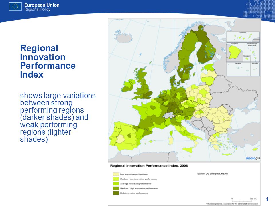 4 Regional Innovation Performance Index shows large variations between strong performing regions (darker shades) and weak performing regions (lighter shades)