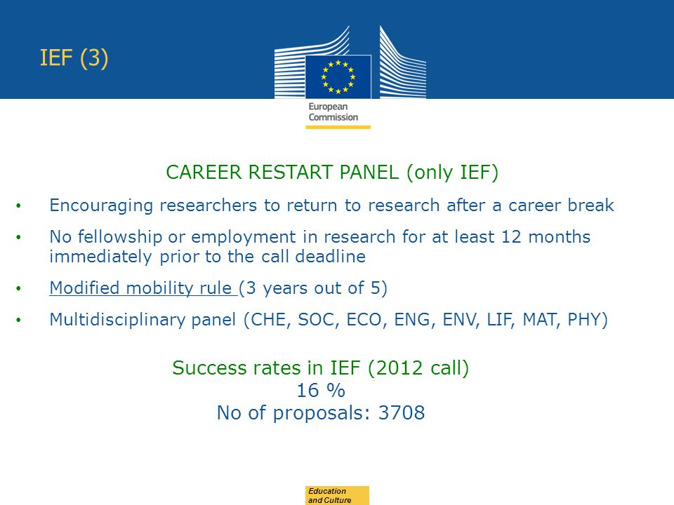 Education and Culture IEF (3) CAREER RESTART PANEL (only IEF) Encouraging researchers to return to research after a career break No fellowship or employment in research for at least 12 months immediately prior to the call deadline Modified mobility rule (3 years out of 5) Multidisciplinary panel (CHE, SOC, ECO, ENG, ENV, LIF, MAT, PHY) Success rates in IEF (2012 call) 16 % No of proposals: 3708