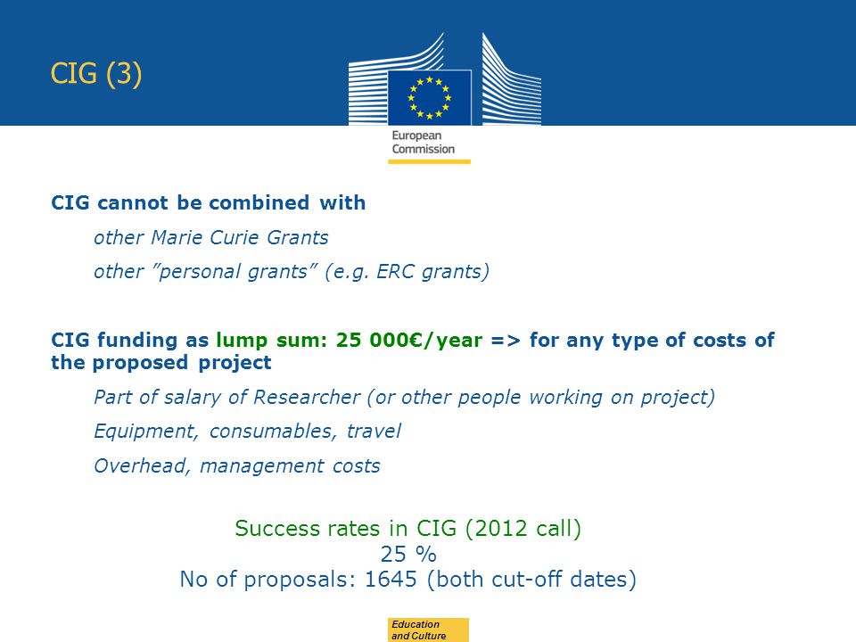 Education and Culture CIG (3) CIG cannot be combined with other Marie Curie Grants other personal grants (e.g.