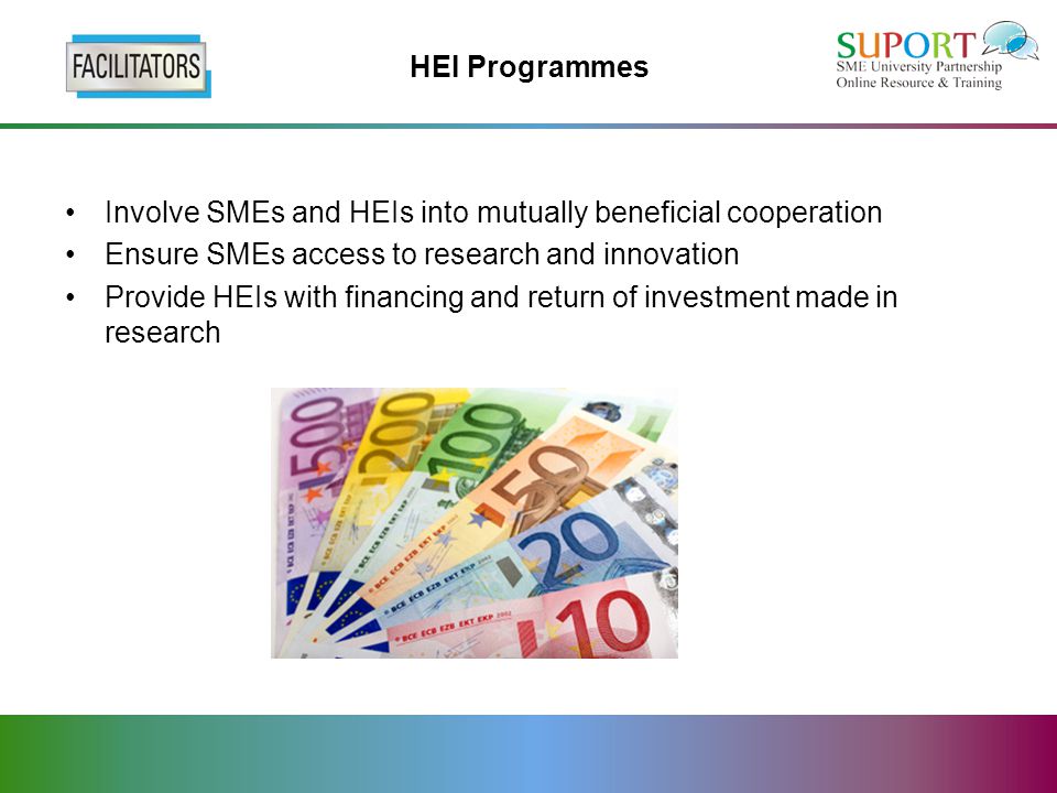 HEI Programmes Involve SMEs and HEIs into mutually beneficial cooperation Ensure SMEs access to research and innovation Provide HEIs with financing and return of investment made in research