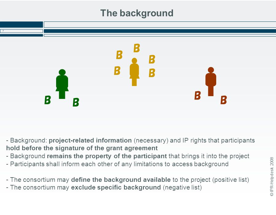 © IPR-Helpdesk The background - Background: project-related information (necessary) and IP rights that participants hold before the signature of the grant agreement - Background remains the property of the participant that brings it into the project - Participants shall inform each other of any limitations to access background - The consortium may define the background available to the project (positive list) - The consortium may exclude specific background (negative list) B B B B B B B B B