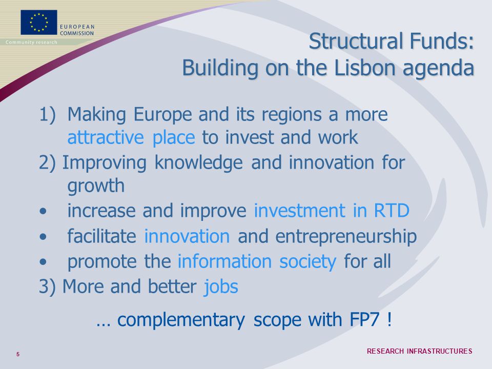 5 RESEARCH INFRASTRUCTURES Structural Funds: Building on the Lisbon agenda 1)Making Europe and its regions a more attractive place to invest and work 2) Improving knowledge and innovation for growth increase and improve investment in RTD facilitate innovation and entrepreneurship promote the information society for all 3) More and better jobs … complementary scope with FP7 !