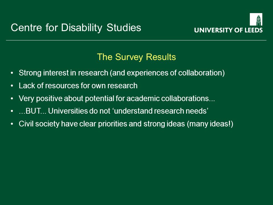 School of something FACULTY OF OTHER Centre for Disability Studies Strong interest in research (and experiences of collaboration) Lack of resources for own research Very positive about potential for academic collaborations......BUT...