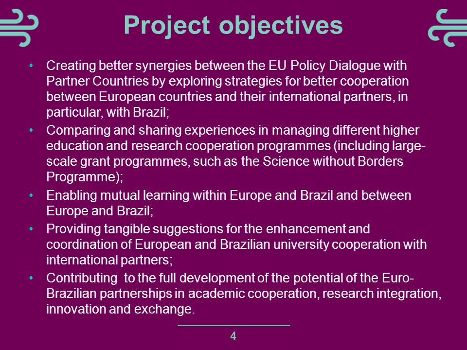 Project objectives Creating better synergies between the EU Policy Dialogue with Partner Countries by exploring strategies for better cooperation between European countries and their international partners, in particular, with Brazil; Comparing and sharing experiences in managing different higher education and research cooperation programmes (including large- scale grant programmes, such as the Science without Borders Programme); Enabling mutual learning within Europe and Brazil and between Europe and Brazil; Providing tangible suggestions for the enhancement and coordination of European and Brazilian university cooperation with international partners; Contributing to the full development of the potential of the Euro- Brazilian partnerships in academic cooperation, research integration, innovation and exchange.