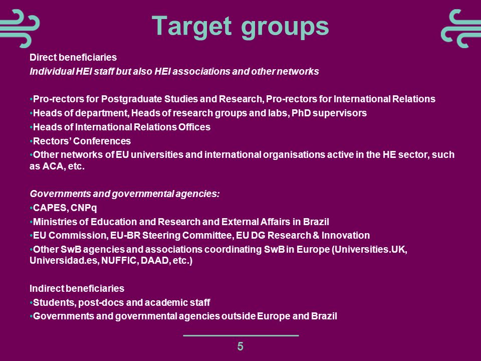 Target groups 5 Direct beneficiaries Individual HEI staff but also HEI associations and other networks Pro-rectors for Postgraduate Studies and Research, Pro-rectors for International Relations Heads of department, Heads of research groups and labs, PhD supervisors Heads of International Relations Offices Rectors’ Conferences Other networks of EU universities and international organisations active in the HE sector, such as ACA, etc.
