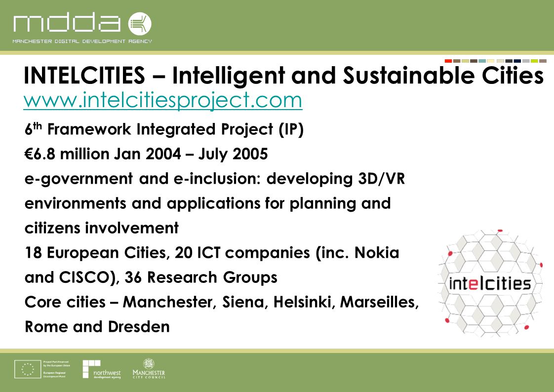 6 th Framework Integrated Project (IP) €6.8 million Jan 2004 – July 2005 e-government and e-inclusion: developing 3D/VR environments and applications for planning and citizens involvement 18 European Cities, 20 ICT companies (inc.