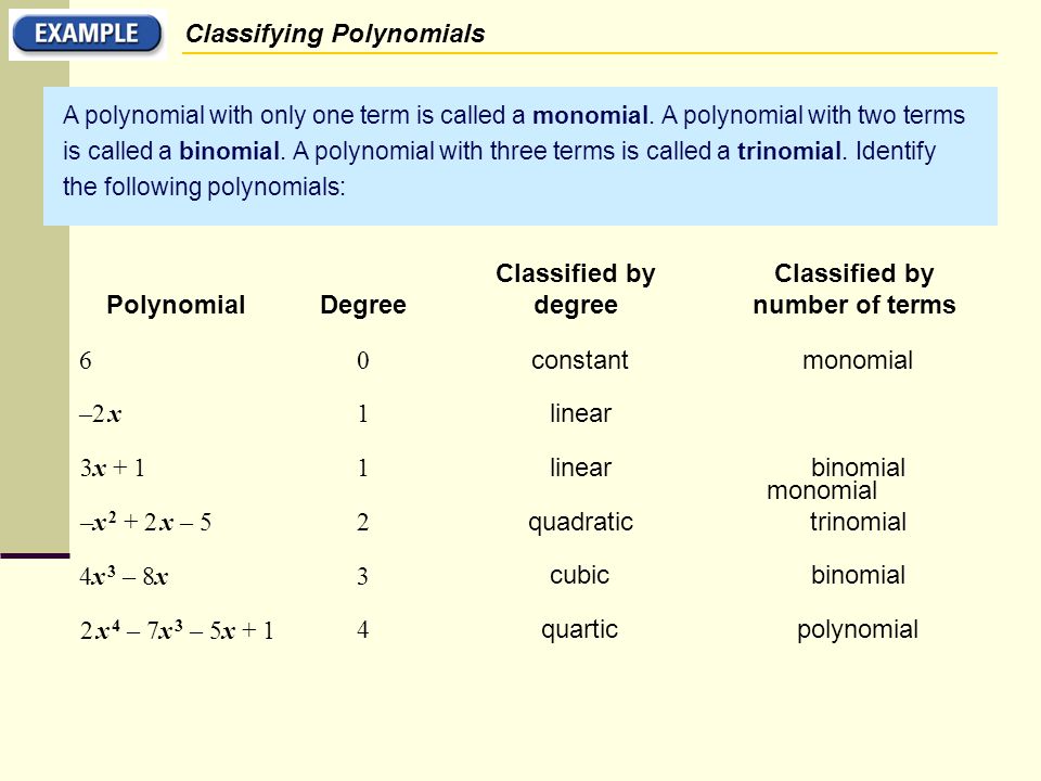 A polynomial with only one term is called a monomial.