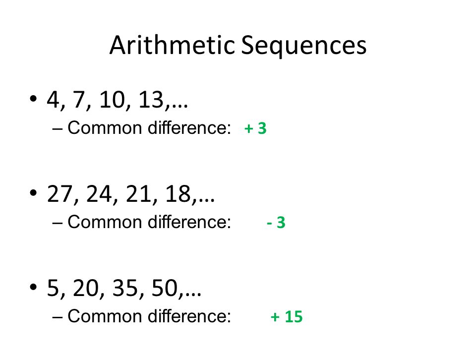 Arithmetic Sequences 4, 7, 10, 13,… –Common difference: , 24, 21, 18,… –Common difference: - 3 5, 20, 35, 50,… –Common difference: + 15