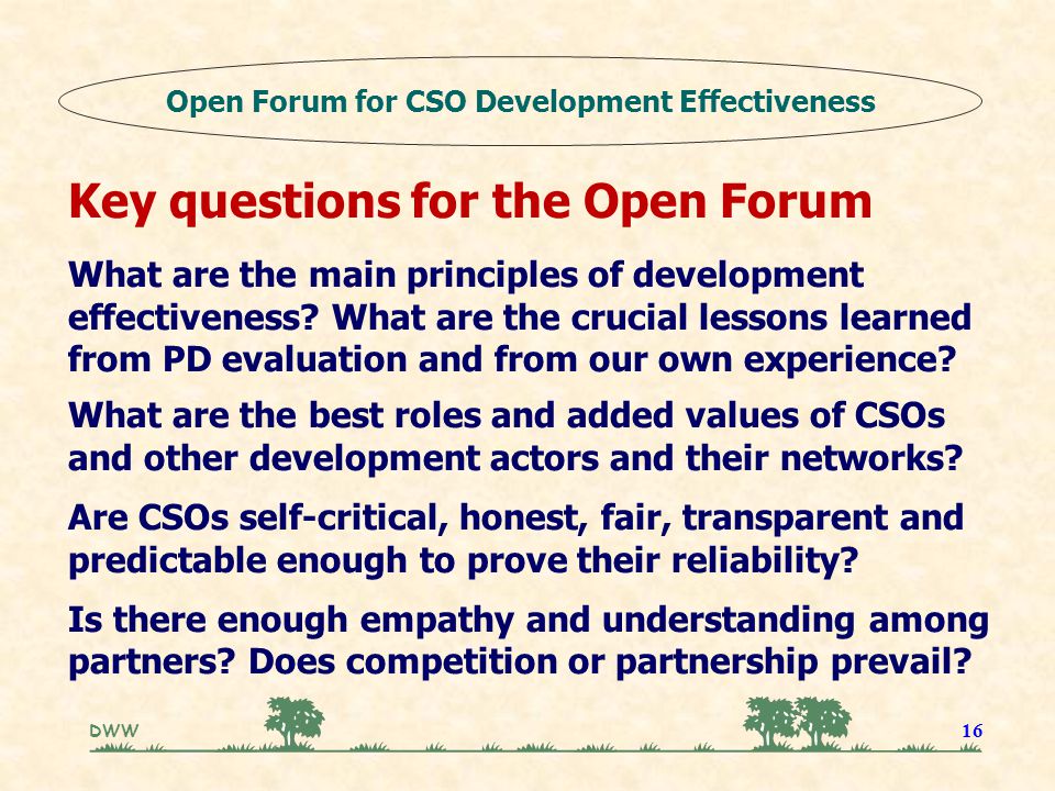 DWW 16 Key questions for the Open Forum What are the main principles of development effectiveness.