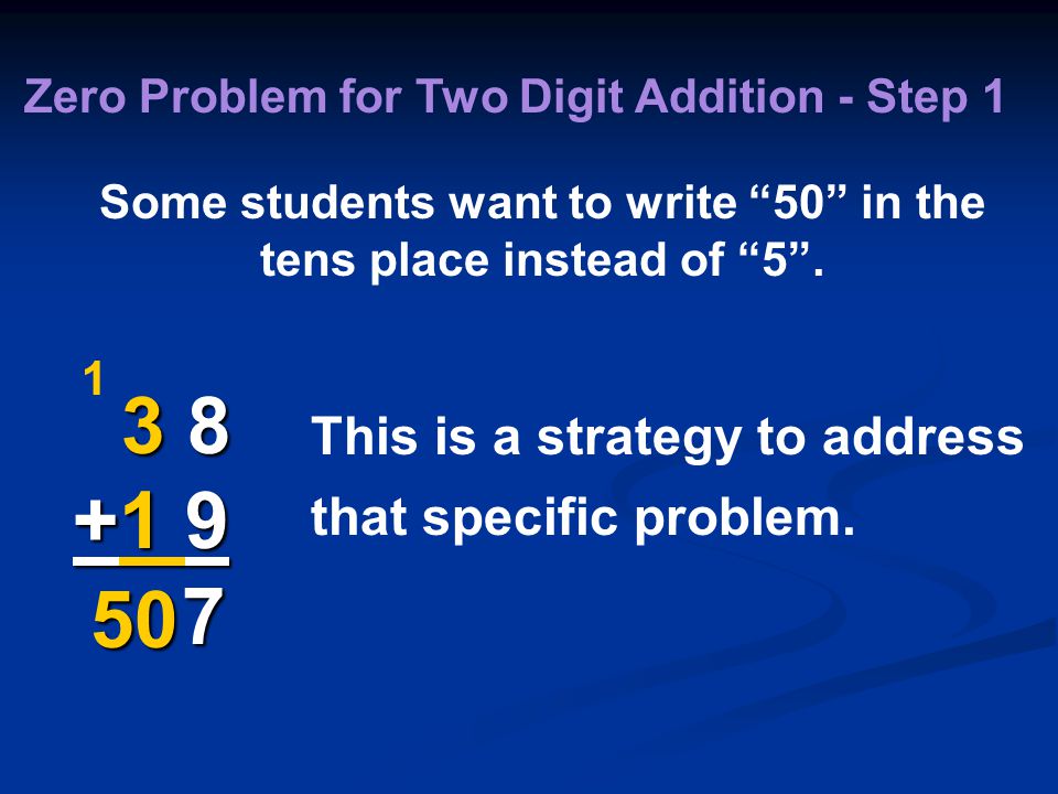 Zero Problem for Two Digit Addition - Step 1 Some students want to write 50 in the tens place instead of 5 .
