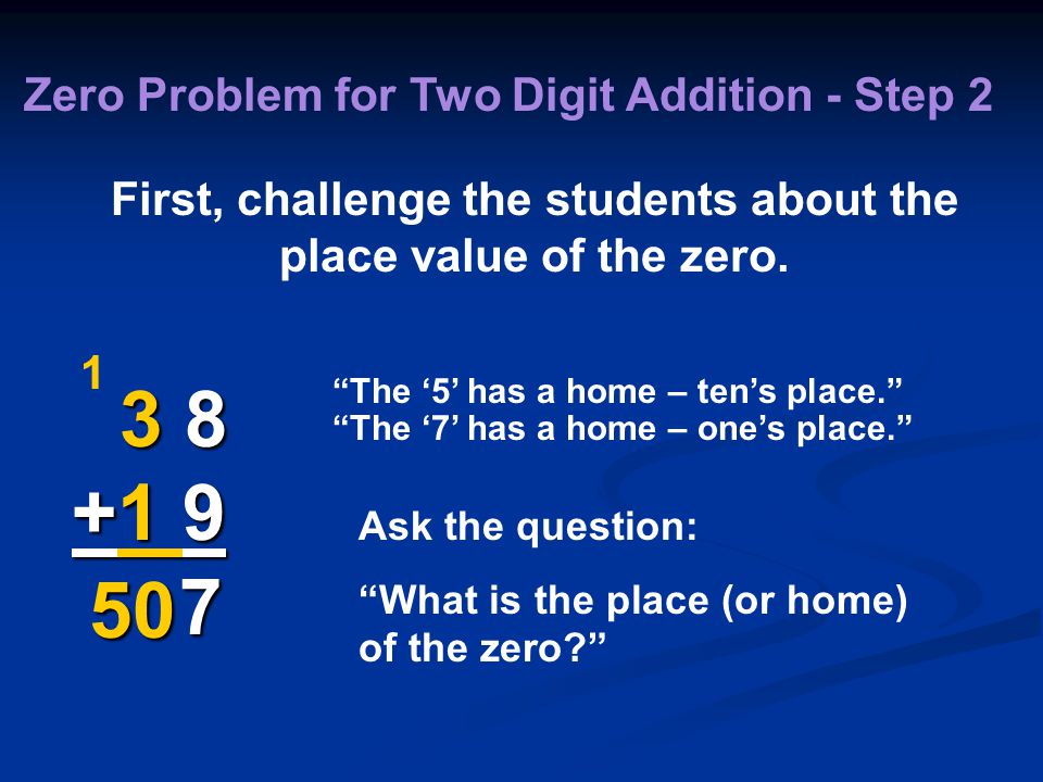 Zero Problem for Two Digit Addition - Step 2 First, challenge the students about the place value of the zero.