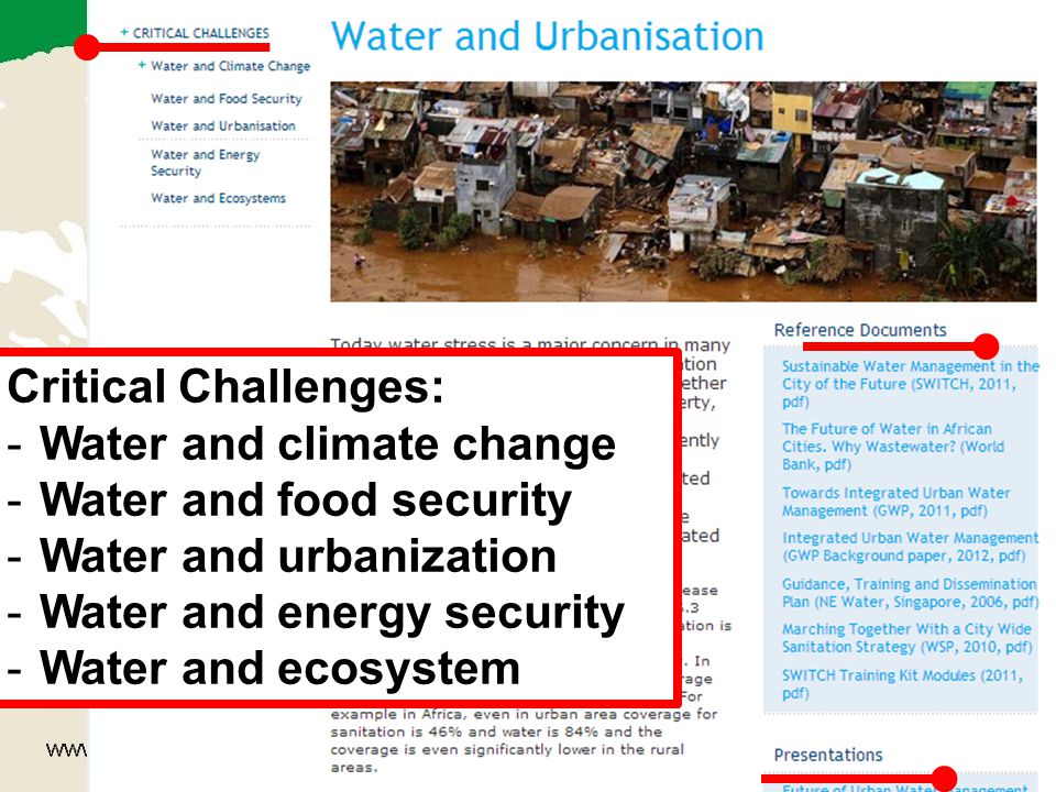 21 Critical Challenges: -Water and climate change -Water and food security -Water and urbanization -Water and energy security -Water and ecosystem