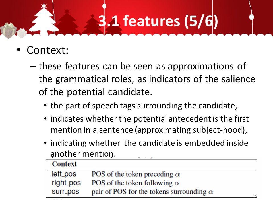 3.1 features (5/6) Context: – these features can be seen as approximations of the grammatical roles, as indicators of the salience of the potential candidate.