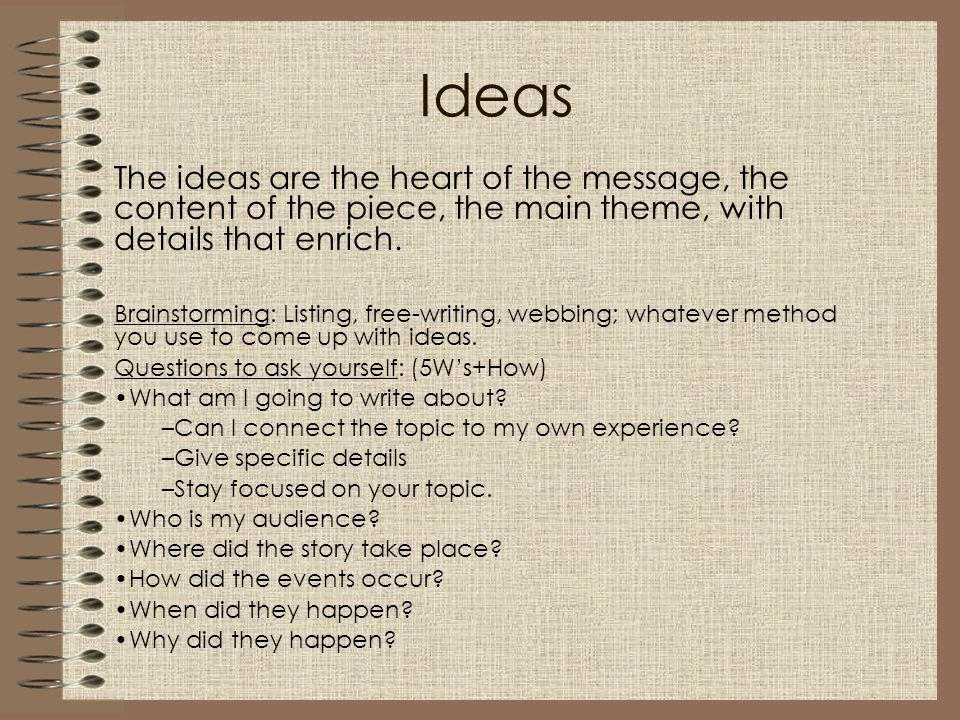 Ideas The ideas are the heart of the message, the content of the piece, the main theme, with details that enrich.