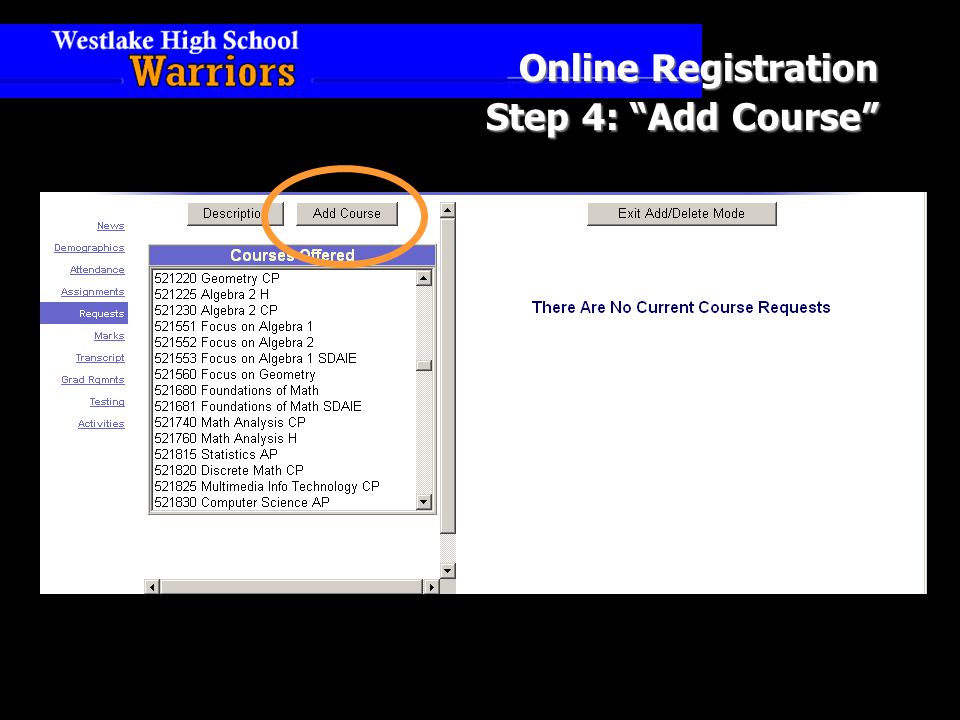 Online Registration Step 4: Add Course