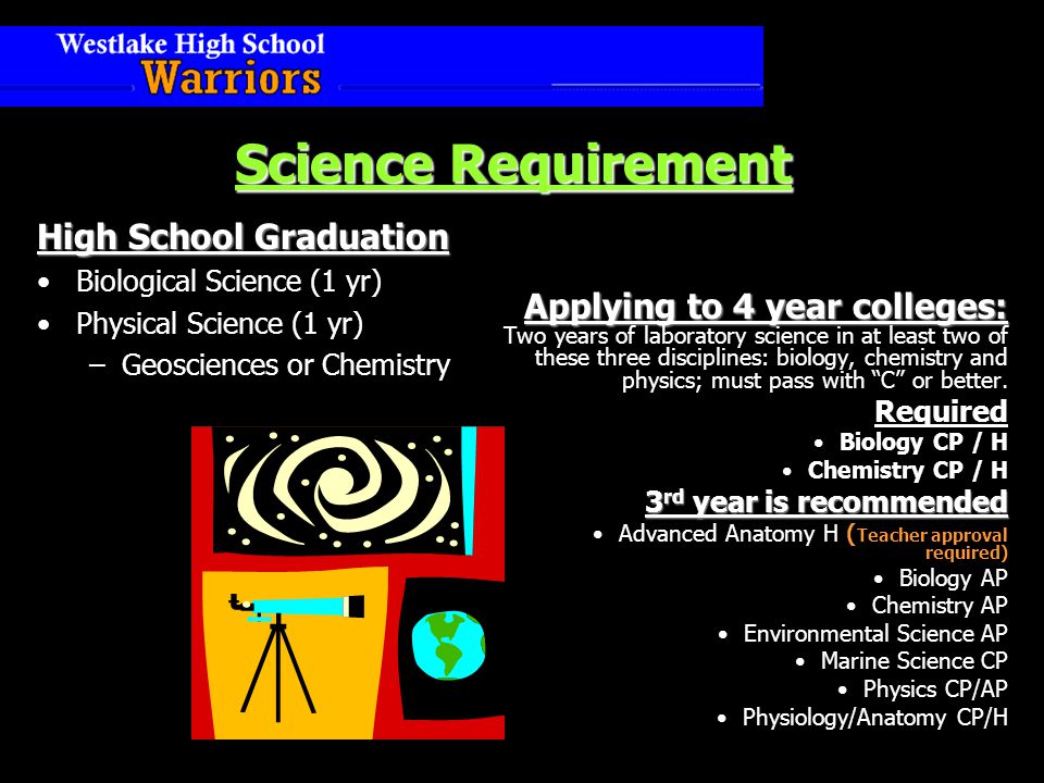 Science Requirement High School Graduation Biological Science (1 yr) Physical Science (1 yr) –Geosciences or Chemistry Applying to 4 year colleges: Two years of laboratory science in at least two of these three disciplines: biology, chemistry and physics; must pass with C or better.