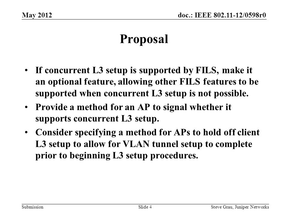 doc.: IEEE /0598r0 Submission Proposal If concurrent L3 setup is supported by FILS, make it an optional feature, allowing other FILS features to be supported when concurrent L3 setup is not possible.