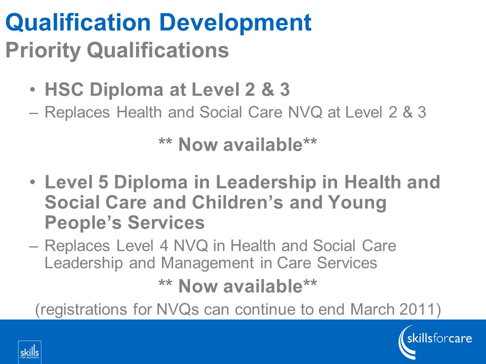 Qualification Development Priority Qualifications HSC Diploma at Level 2 & 3 –Replaces Health and Social Care NVQ at Level 2 & 3 ** Now available** Level 5 Diploma in Leadership in Health and Social Care and Children’s and Young People’s Services –Replaces Level 4 NVQ in Health and Social Care Leadership and Management in Care Services ** Now available** (registrations for NVQs can continue to end March 2011)