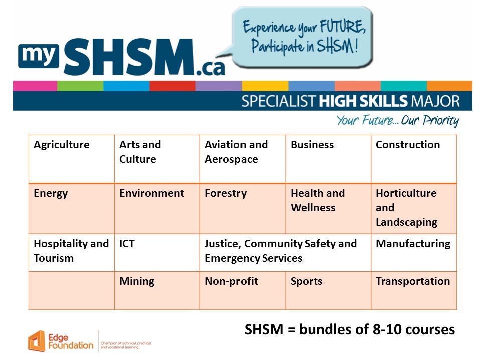 AgricultureArts and Culture Aviation and Aerospace BusinessConstruction EnergyEnvironmentForestryHealth and Wellness Horticulture and Landscaping Hospitality and Tourism ICTJustice, Community Safety and Emergency Services Manufacturing MiningNon-profitSportsTransportation SHSM = bundles of 8-10 courses