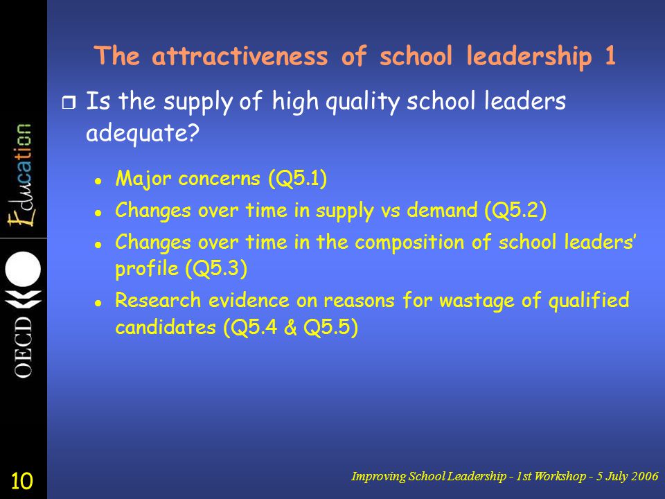 10 Improving School Leadership - 1st Workshop - 5 July 2006 The attractiveness of school leadership 1 r Is the supply of high quality school leaders adequate.