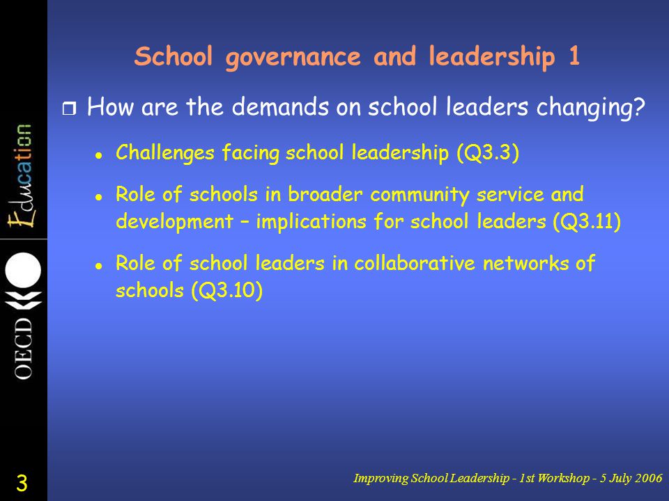 3 Improving School Leadership - 1st Workshop - 5 July 2006 School governance and leadership 1 r How are the demands on school leaders changing.
