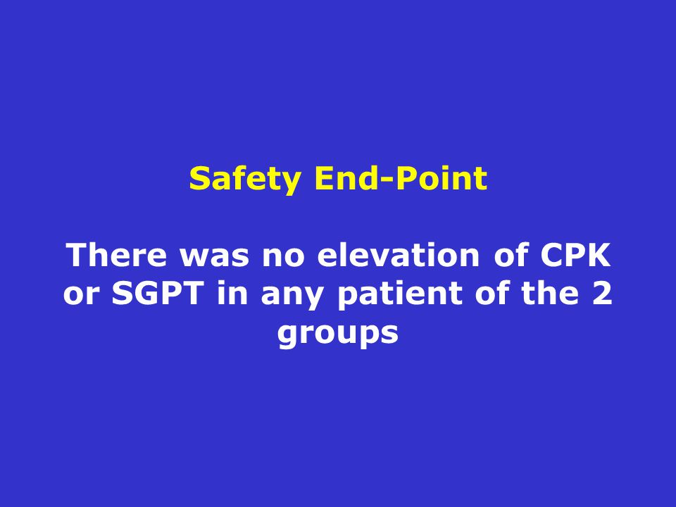 Safety End-Point There was no elevation of CPK or SGPT in any patient of the 2 groups