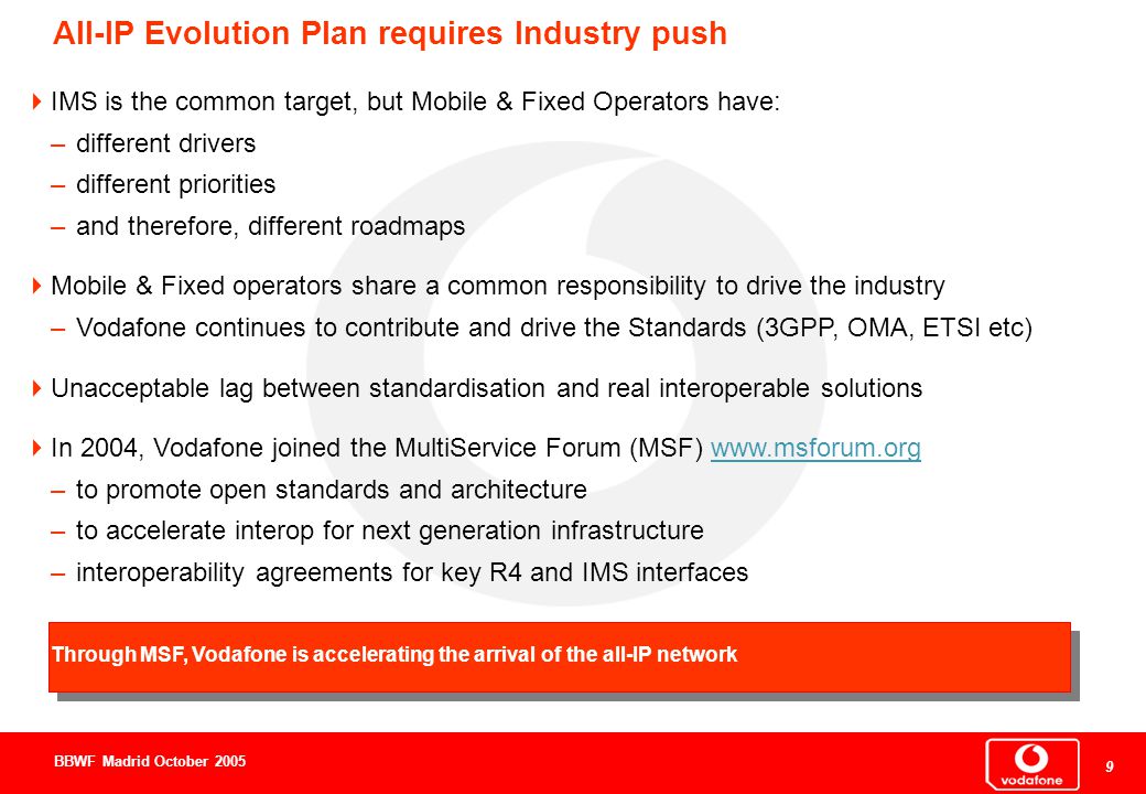 9 9 9 BBWF Madrid October 2005 All-IP Evolution Plan requires Industry push  IMS is the common target, but Mobile & Fixed Operators have: –different drivers –different priorities –and therefore, different roadmaps  Mobile & Fixed operators share a common responsibility to drive the industry –Vodafone continues to contribute and drive the Standards (3GPP, OMA, ETSI etc)  Unacceptable lag between standardisation and real interoperable solutions  In 2004, Vodafone joined the MultiService Forum (MSF)   –to promote open standards and architecture –to accelerate interop for next generation infrastructure –interoperability agreements for key R4 and IMS interfaces Through MSF, Vodafone is accelerating the arrival of the all-IP network