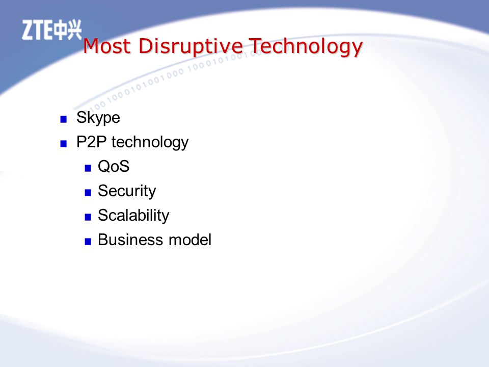 Most Disruptive Technology Skype P2P technology QoS Security Scalability Business model