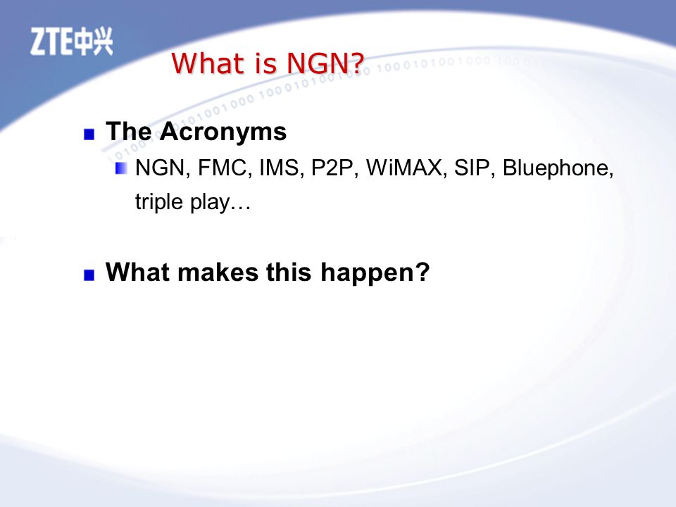 The Acronyms NGN, FMC, IMS, P2P, WiMAX, SIP, Bluephone, triple play… What makes this happen.