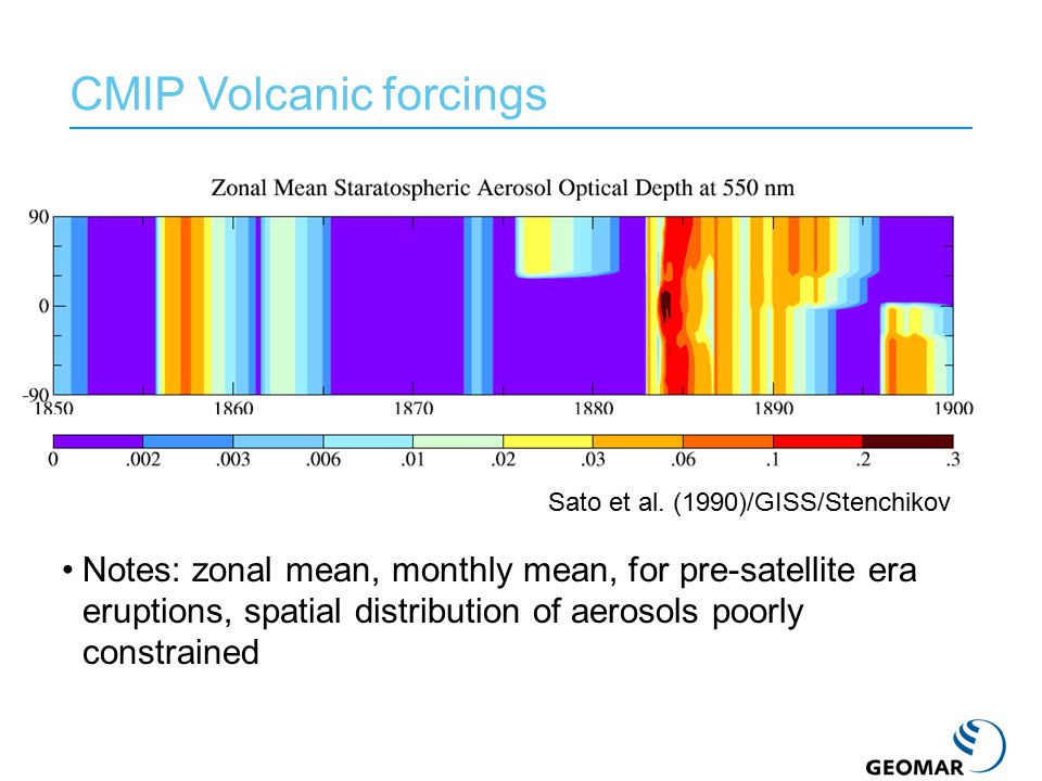Notes: zonal mean, monthly mean, for pre-satellite era eruptions, spatial distribution of aerosols poorly constrained CMIP Volcanic forcings Sato et al.