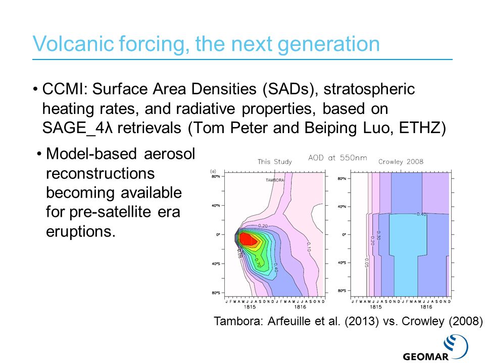 CCMI: Surface Area Densities (SADs), stratospheric heating rates, and radiative properties, based on SAGE_4λ retrievals (Tom Peter and Beiping Luo, ETHZ) Volcanic forcing, the next generation Model-based aerosol reconstructions becoming available for pre-satellite era eruptions.